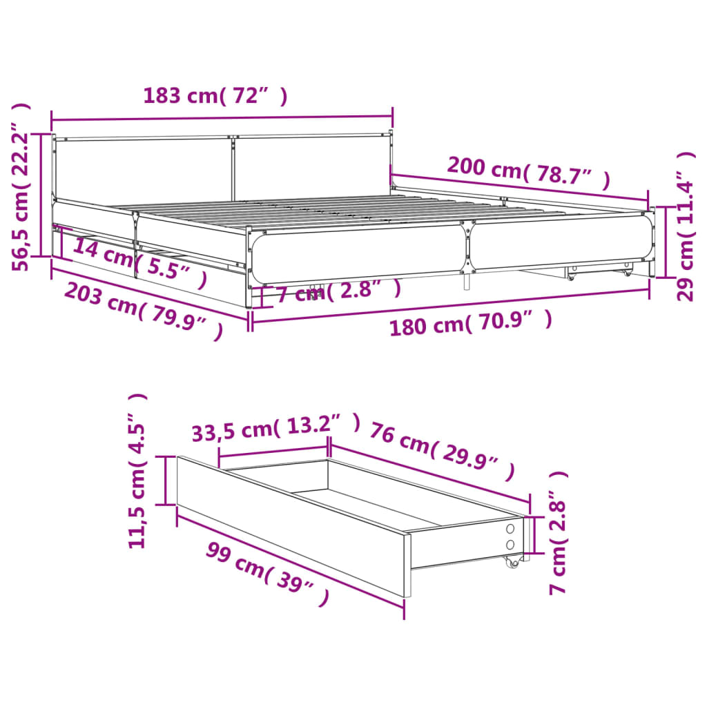 vidaXL Cadre de lit avec tiroirs sans matelas chêne sonoma 180x200 cm