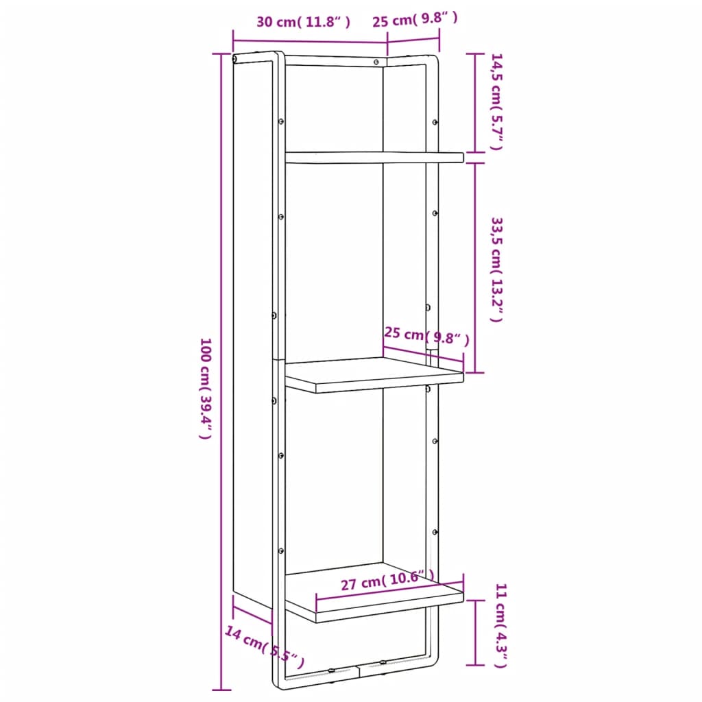 vidaXL Étagère murale 3 niveaux chêne sonoma 30x25x100 cm