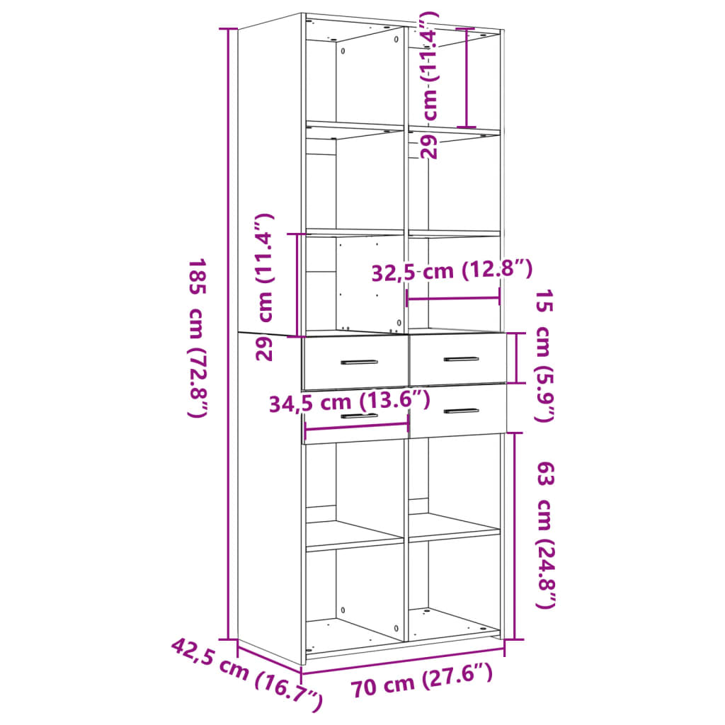 vidaXL Buffet haut noir 70x42,5x185 cm bois d'ingénierie