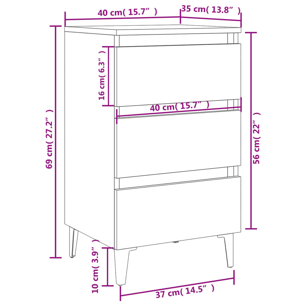 vidaXL Tables de chevet pieds en métal 2 pcs Chêne fumé 40x35x69 cm