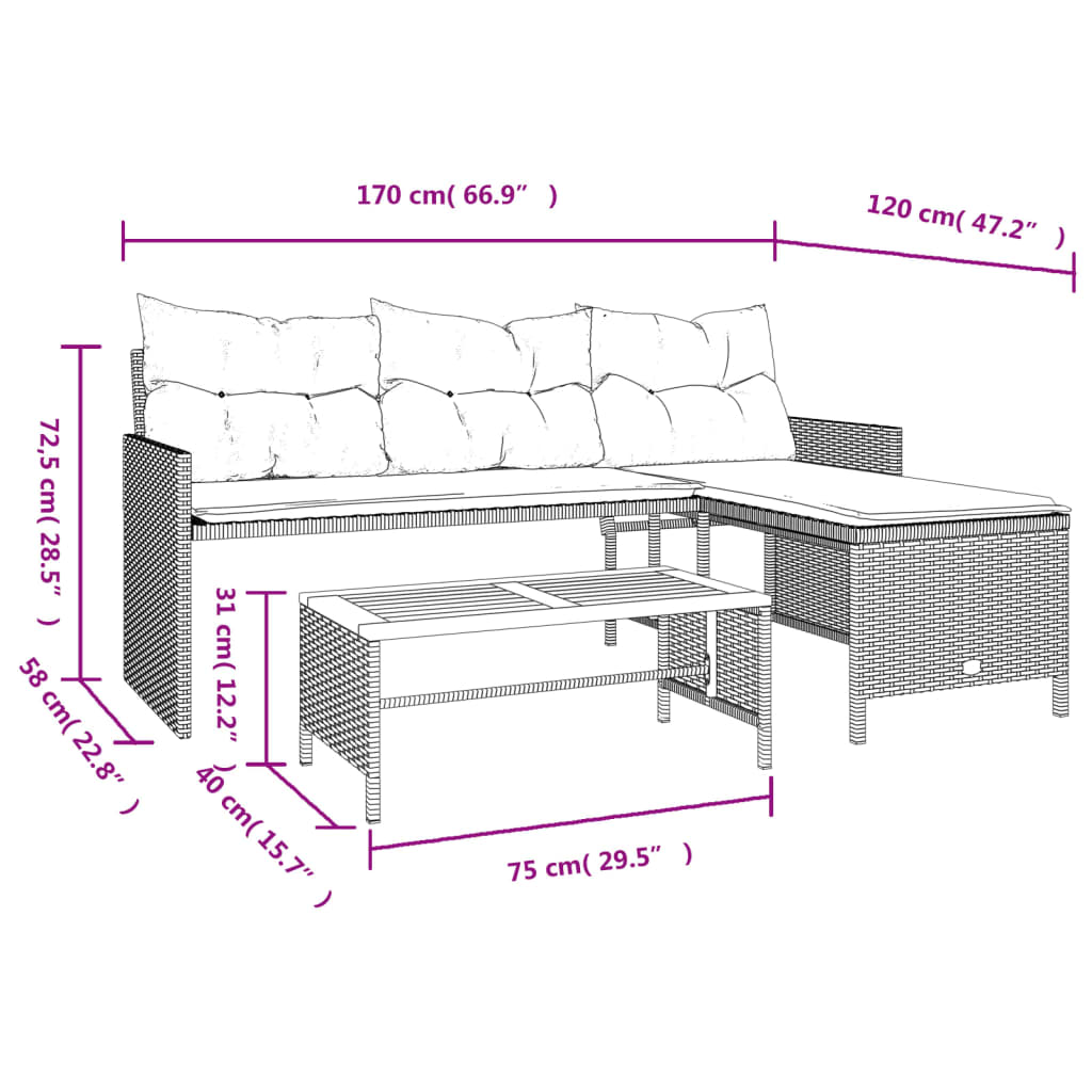 vidaXL Canapé de jardin avec table et coussins en forme de L beige