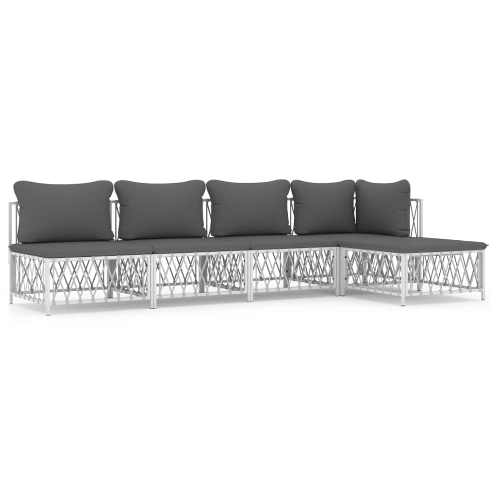 vidaXL Salon de jardin avec coussins 5 pcs blanc acier