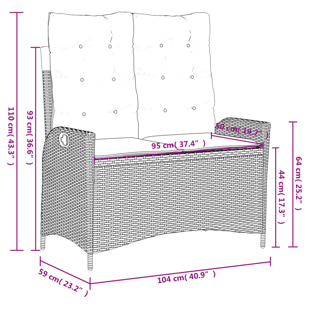 vidaXL Banc inclinable de jardin avec coussins noir résine tressée