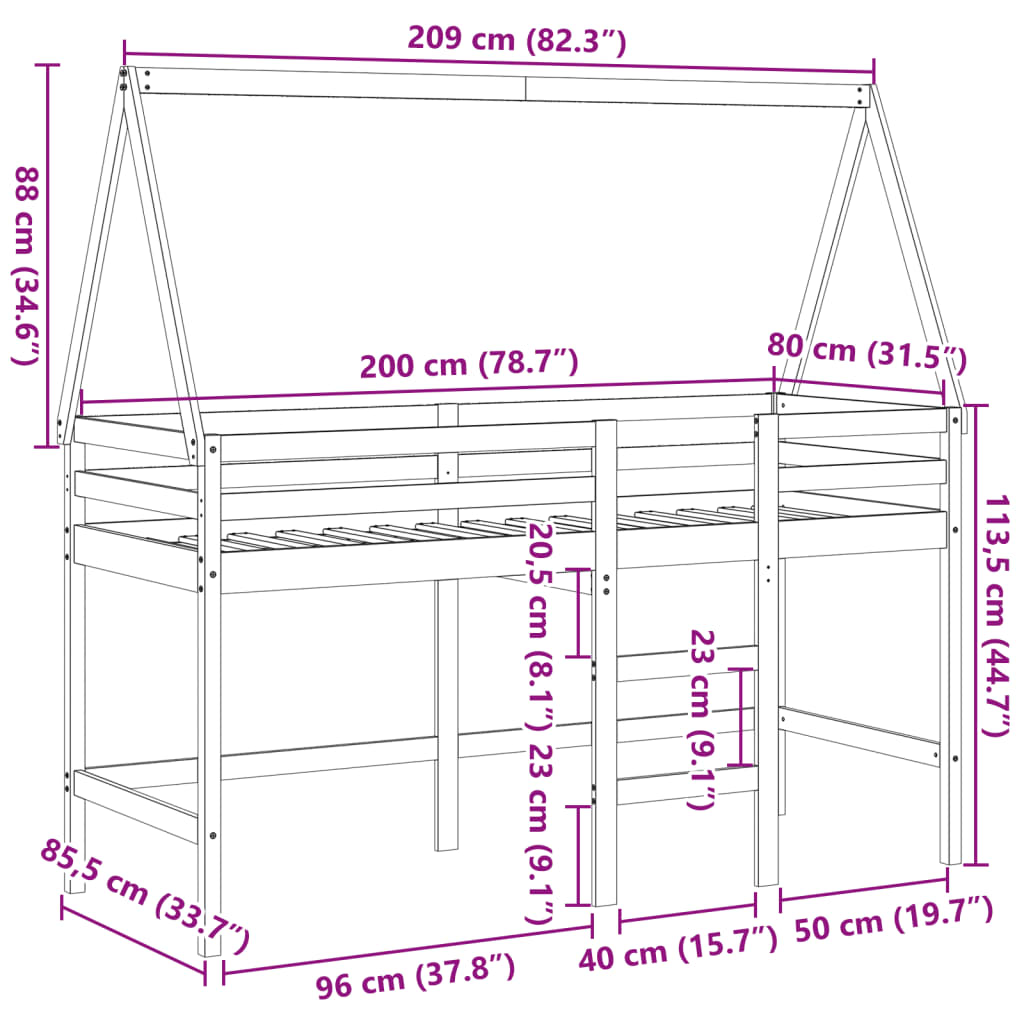 vidaXL Lit superposé et échelle et toit blanc 80x200cm bois pin massif