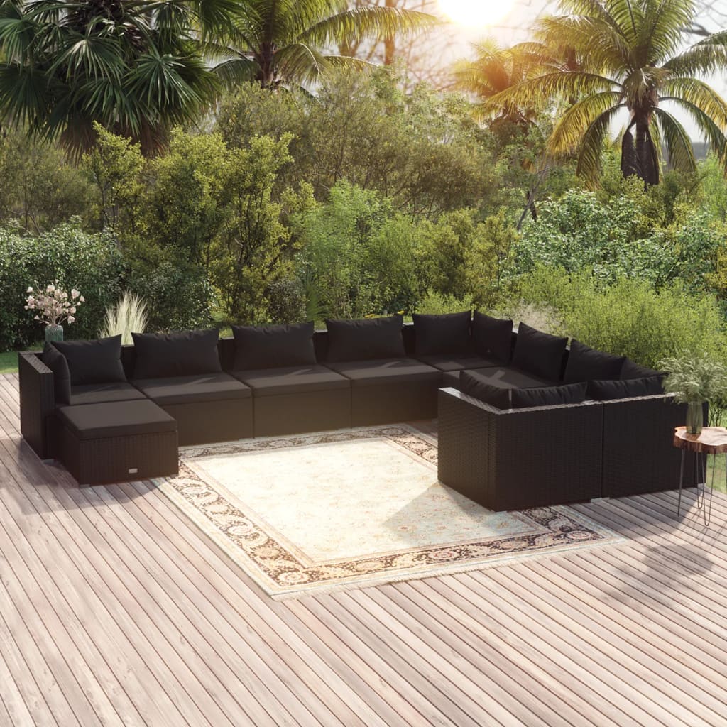 vidaXL Salon de jardin 10 pcs avec coussins Résine tressée Noir