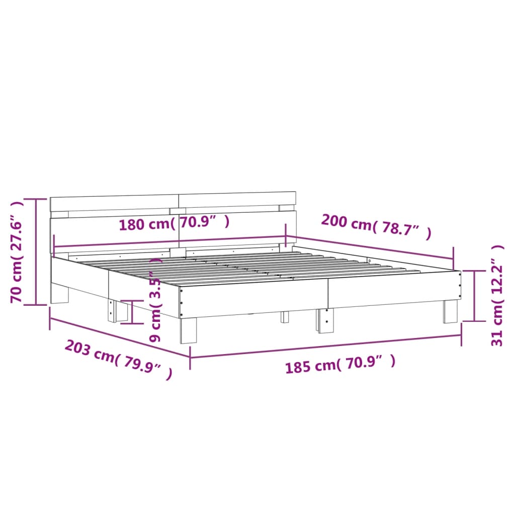 vidaXL Cadre de lit avec LED sans matelas sonoma gris 180x200 cm