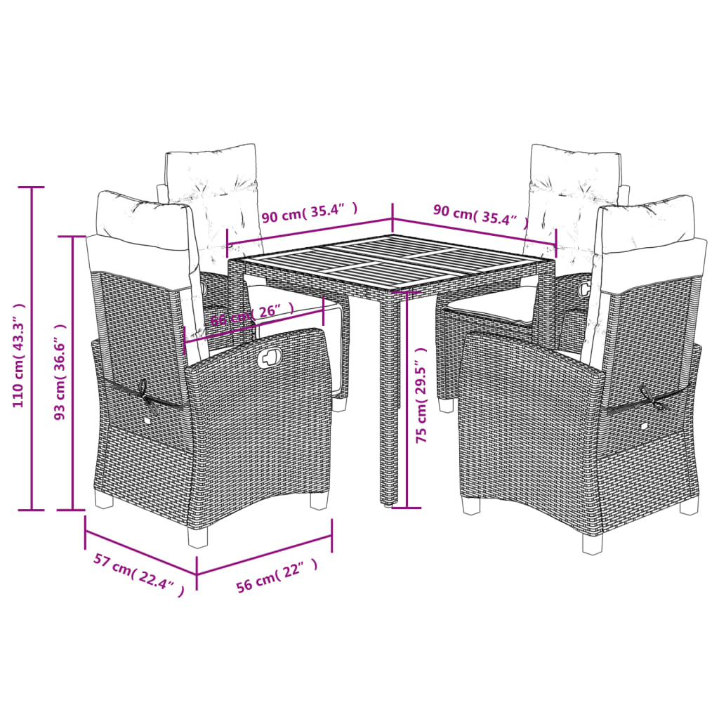 vidaXL Ensemble à manger de jardin coussins 5pcs Noir Résine tressée