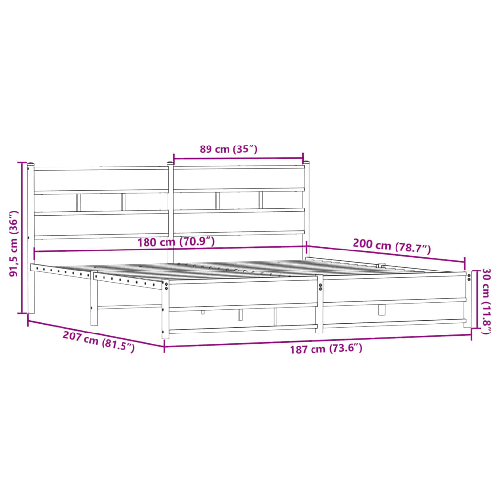 vidaXL Cadre de lit en métal sans matelas chêne fumé 180x200 cm