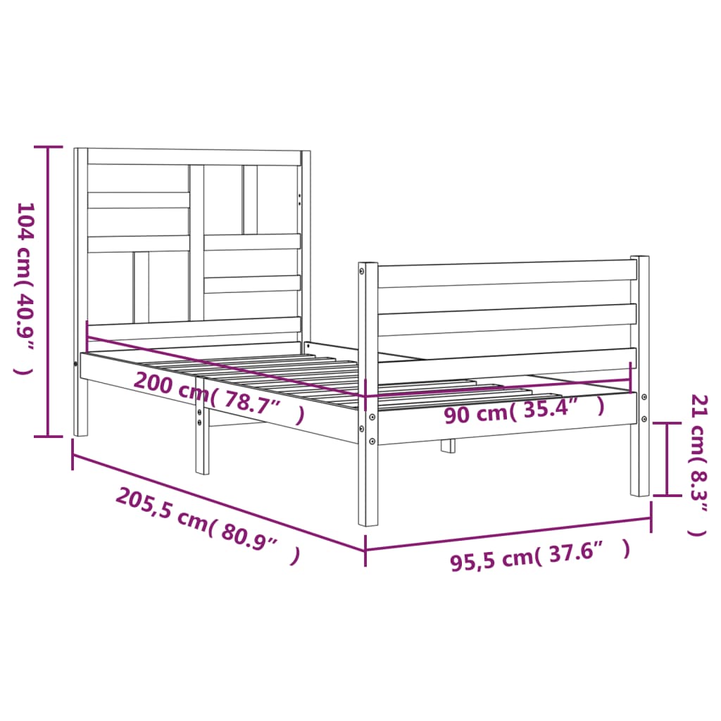 vidaXL Cadre de lit avec tête de lit 90x200 cm bois massif