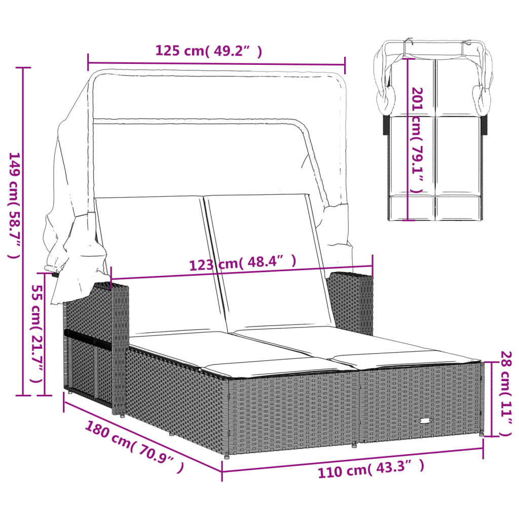 vidaXL Chaise longue double avec auvent et coussins marron poly rotin