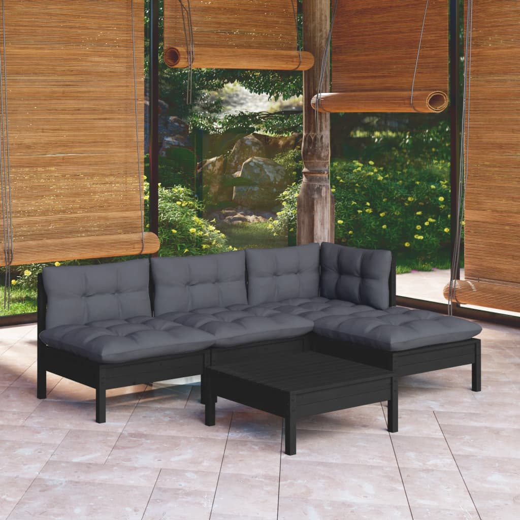 vidaXL Salon de jardin 5 pcs avec coussins Noir Bois de pin