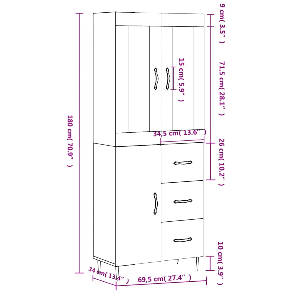 vidaXL Buffet haut Sonoma gris 69,5x34x180 cm Bois d'ingénierie