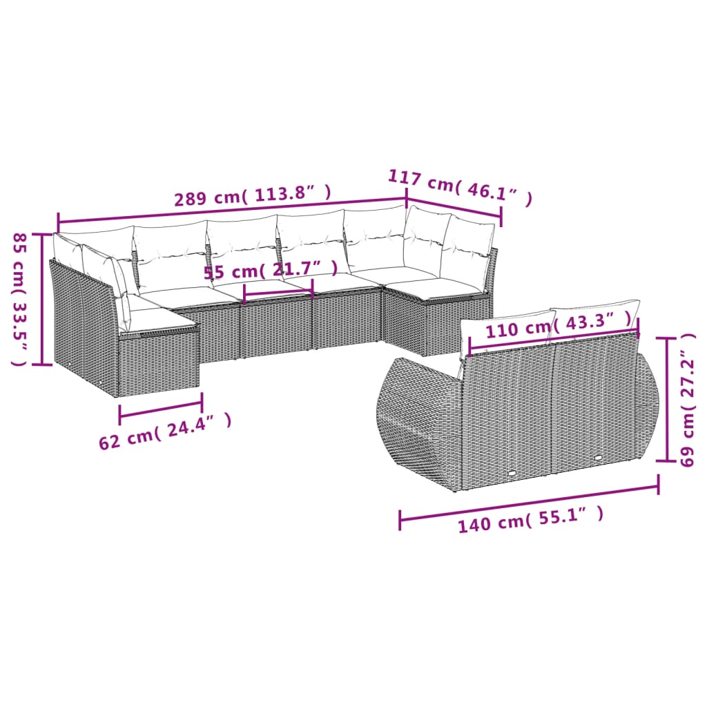 vidaXL Salon de jardin 9 pcs avec coussins gris clair résine tressée