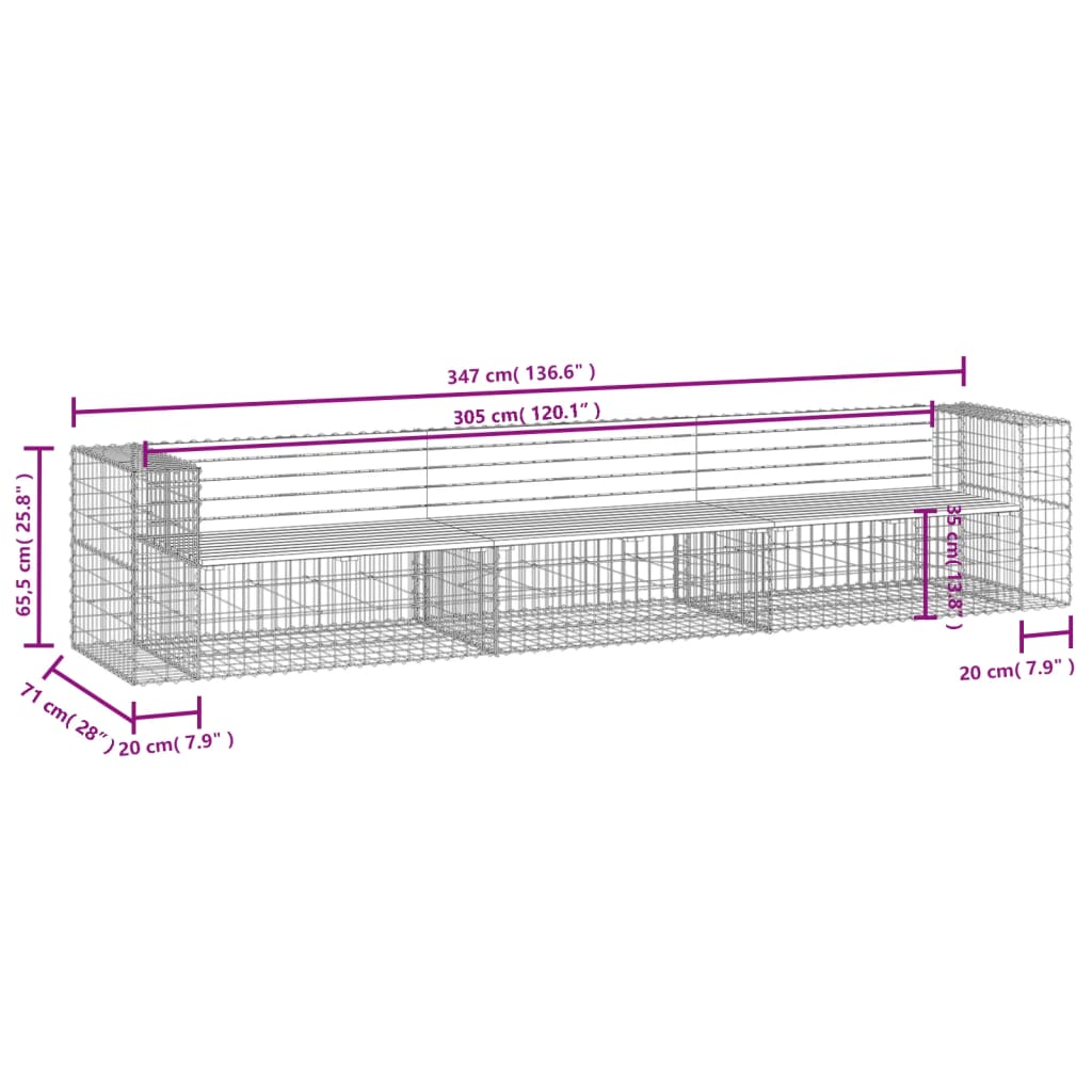 vidaXL Banc jardin design gabion 347x71x65,5 cm bois massif de douglas