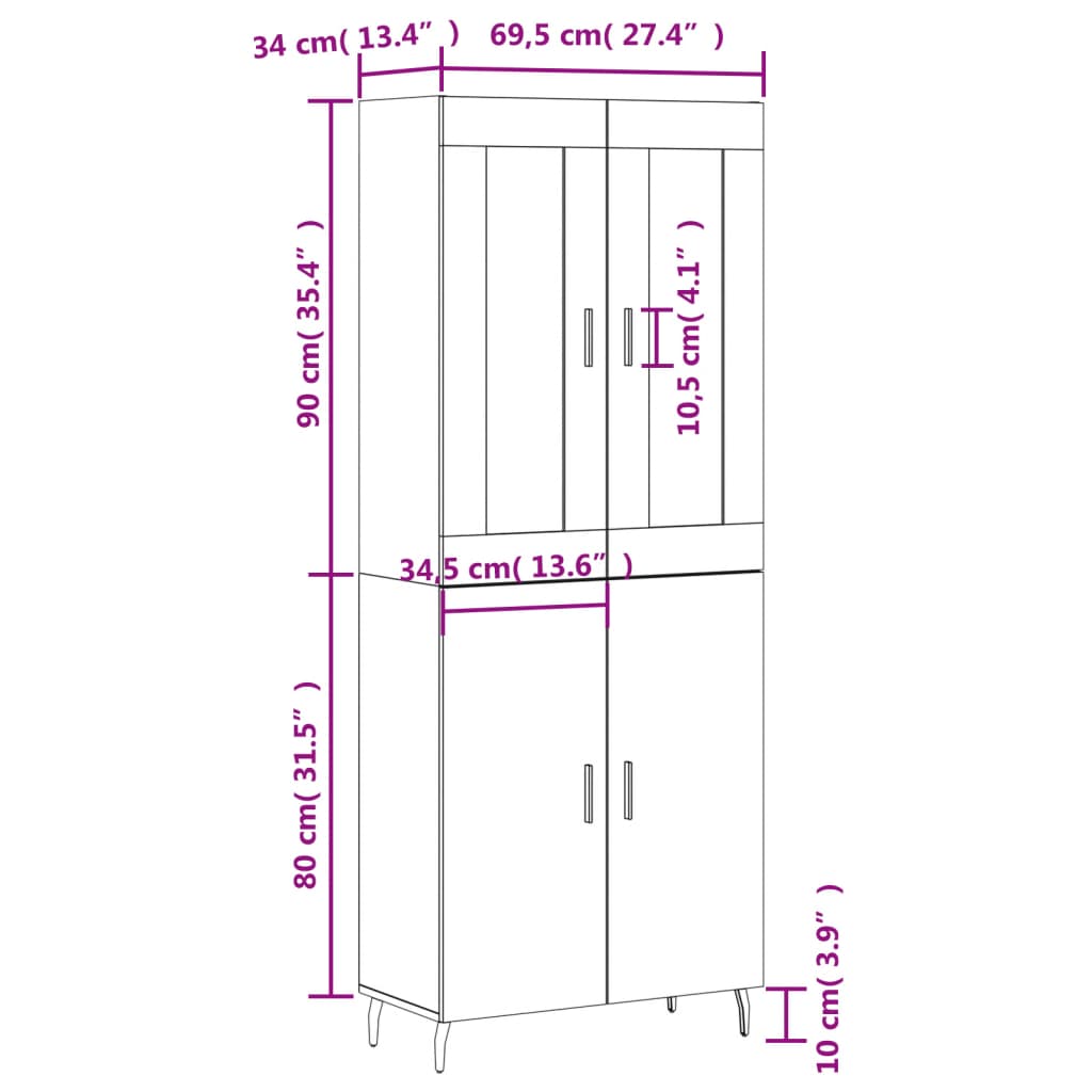 vidaXL Buffet haut Blanc 69,5x34x180 cm Bois d'ingénierie