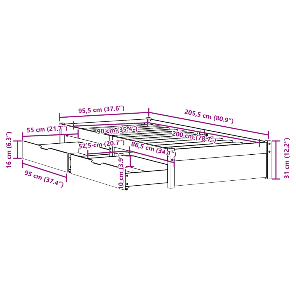 vidaXL Cadre de lit sans matelas blanc 90x200 cm bois de pin massif