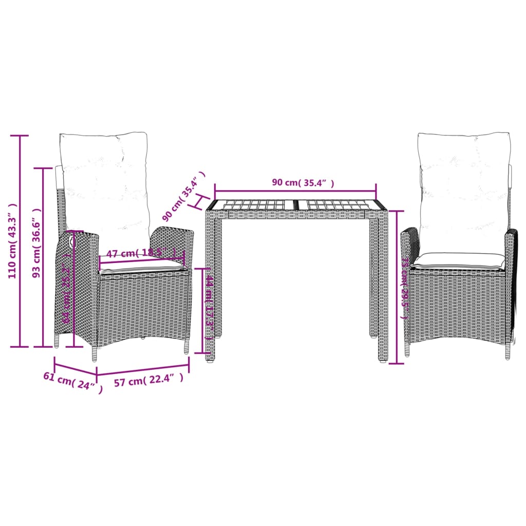 vidaXL Ensemble à manger de jardin 3 pcs coussins gris résine tressée