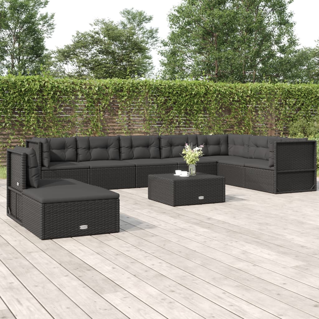 vidaXL Salon de jardin 9 pcs avec coussins Noir Résine tressée