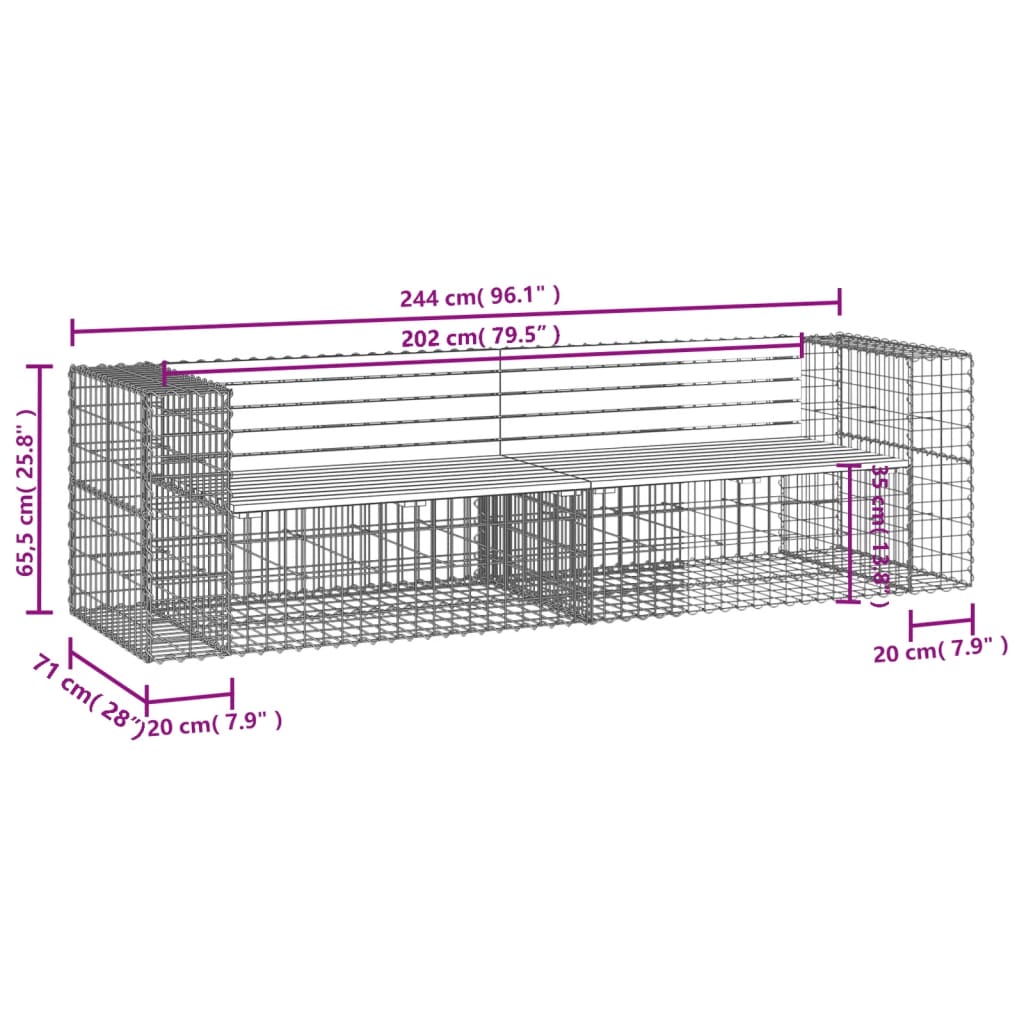 vidaXL Banc de jardin design gabion 244x71x65,5 cm bois massif de pin