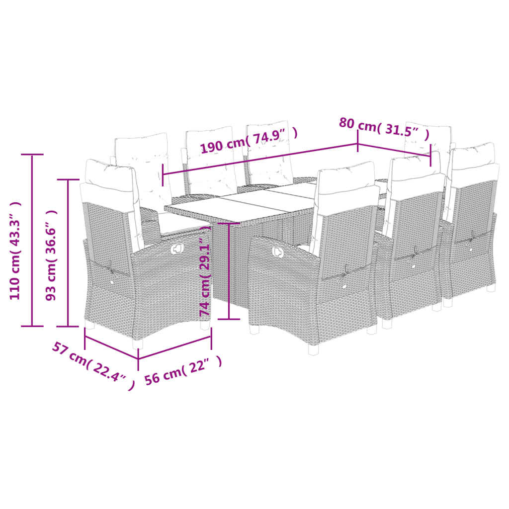 vidaXL Ensemble à manger de jardin et coussins 9 pcs marron poly rotin