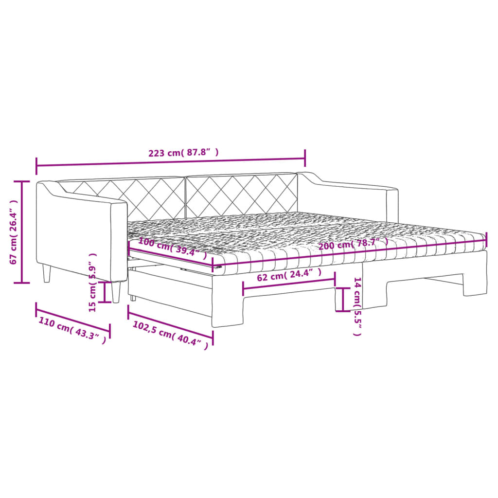 vidaXL Lit de jour avec gigogne et matelas crème 100x200 cm tissu