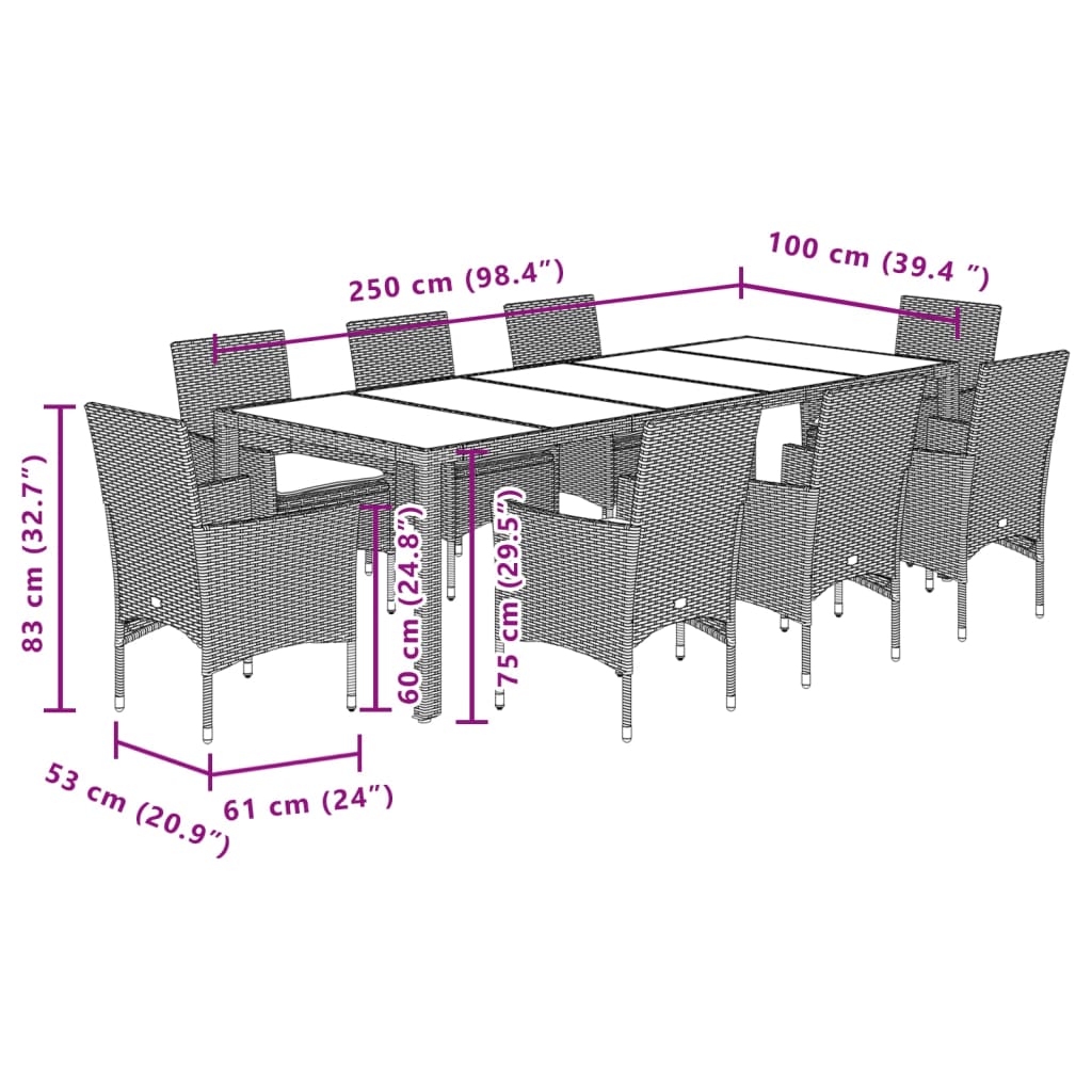 vidaXL Ensemble à manger de jardin et coussins 9 pcs gris rotin verre