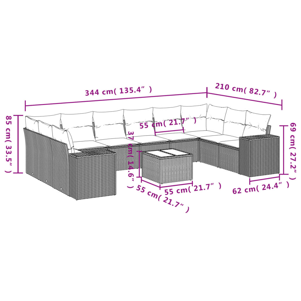 vidaXL Salon de jardin 11 pcs avec coussins noir résine tressée