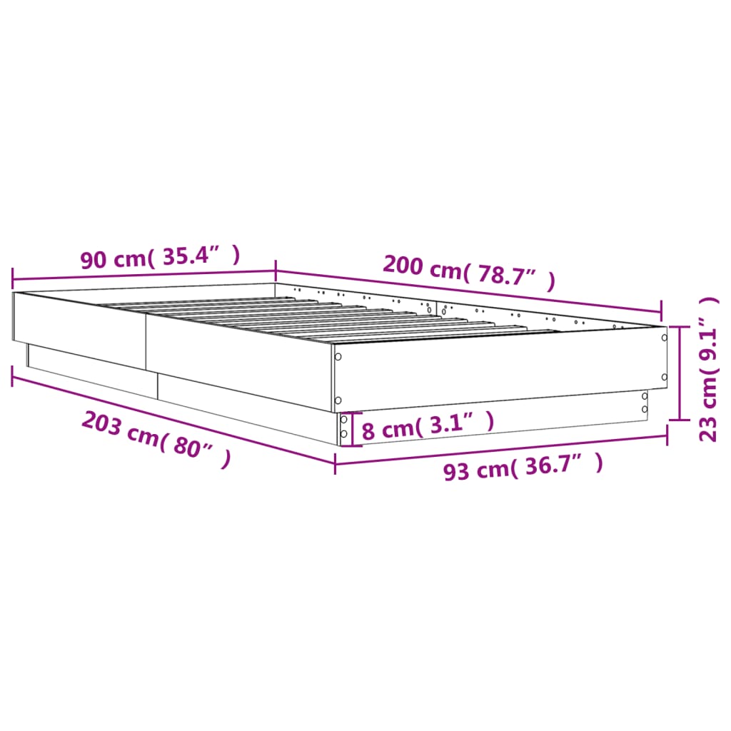 vidaXL Cadre de lit avec lumières LED gris béton 90x200 cm