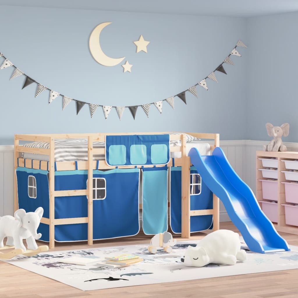 vidaXL Lit mezzanine enfants et rideaux bleu 90x190cm bois pin massif