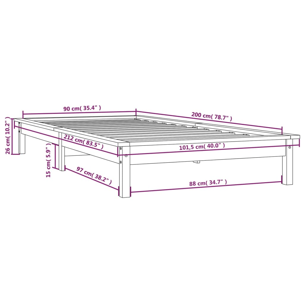 vidaXL Cadre de lit Noir 90x200 cm Bois de pin massif