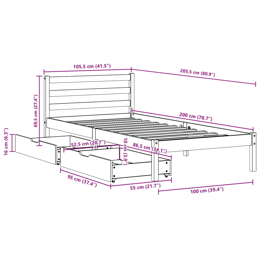 vidaXL Cadre de lit sans matelas blanc 100x200 cm bois de pin massif