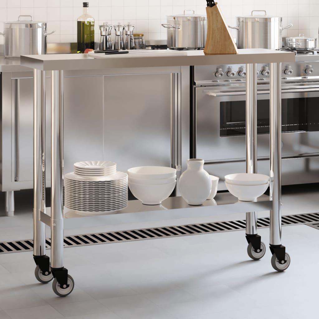 vidaXL Table de travail de cuisine avec roues 110x30x85 cm inox