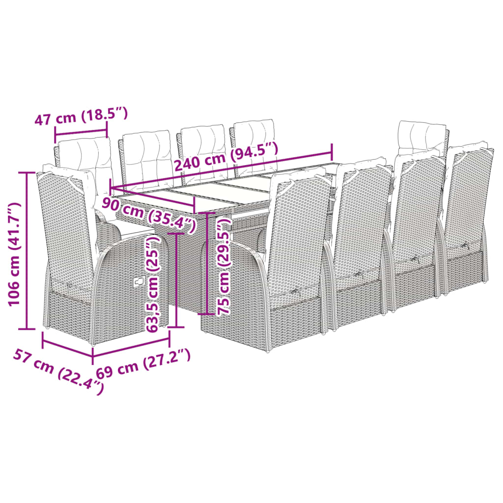 vidaXL Ensemble à manger de jardin 9pcs coussins noir résine tressée