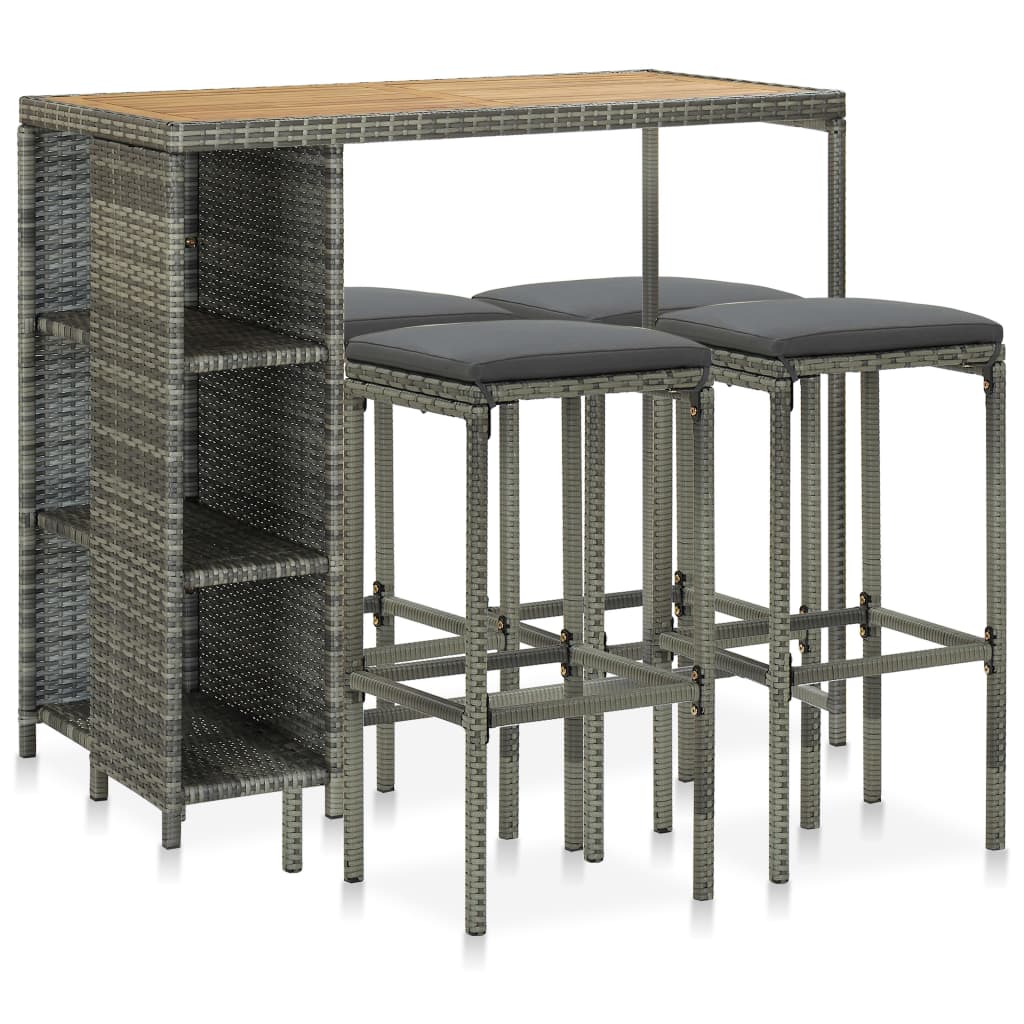 vidaXL Meuble de bar de jardin 5 pcs et coussins Résine tressée Gris