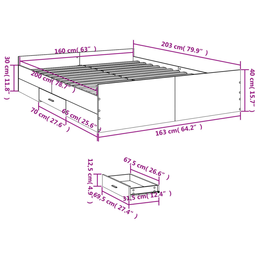 vidaXL Cadre de lit à tiroirs gris béton 160x200 cm bois d'ingénierie