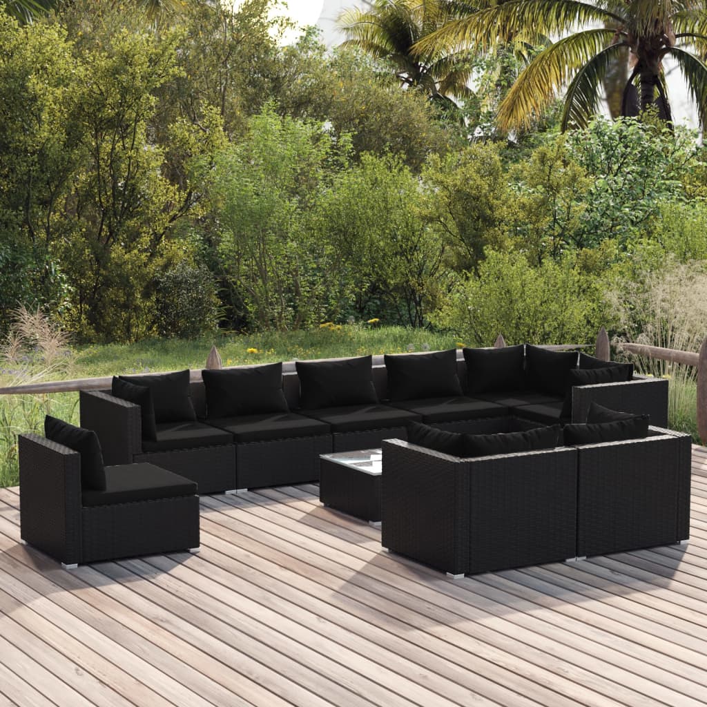 vidaXL Salon de jardin 10 pcs avec coussins Résine tressée Noir