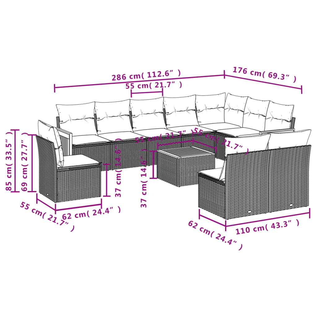 vidaXL Salon de jardin 11 pcs avec coussins gris résine tressée