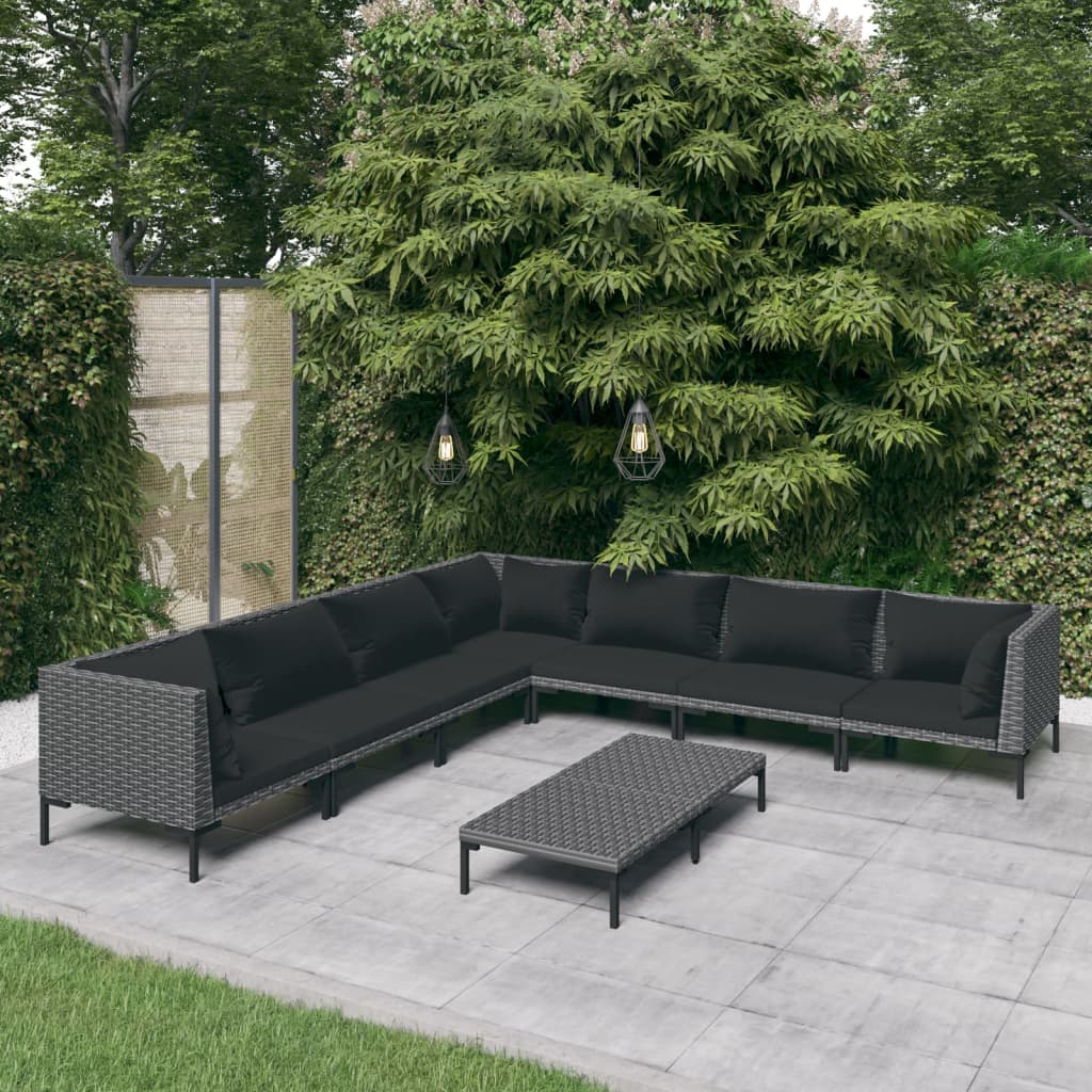 vidaXL Salon de jardin 8 pcs avec coussins Résine tressée Gris foncé