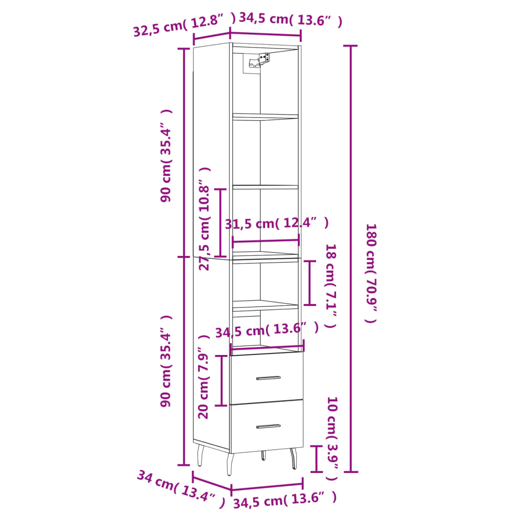 vidaXL Buffet haut Sonoma gris 34,5x34x180 cm Bois d'ingénierie