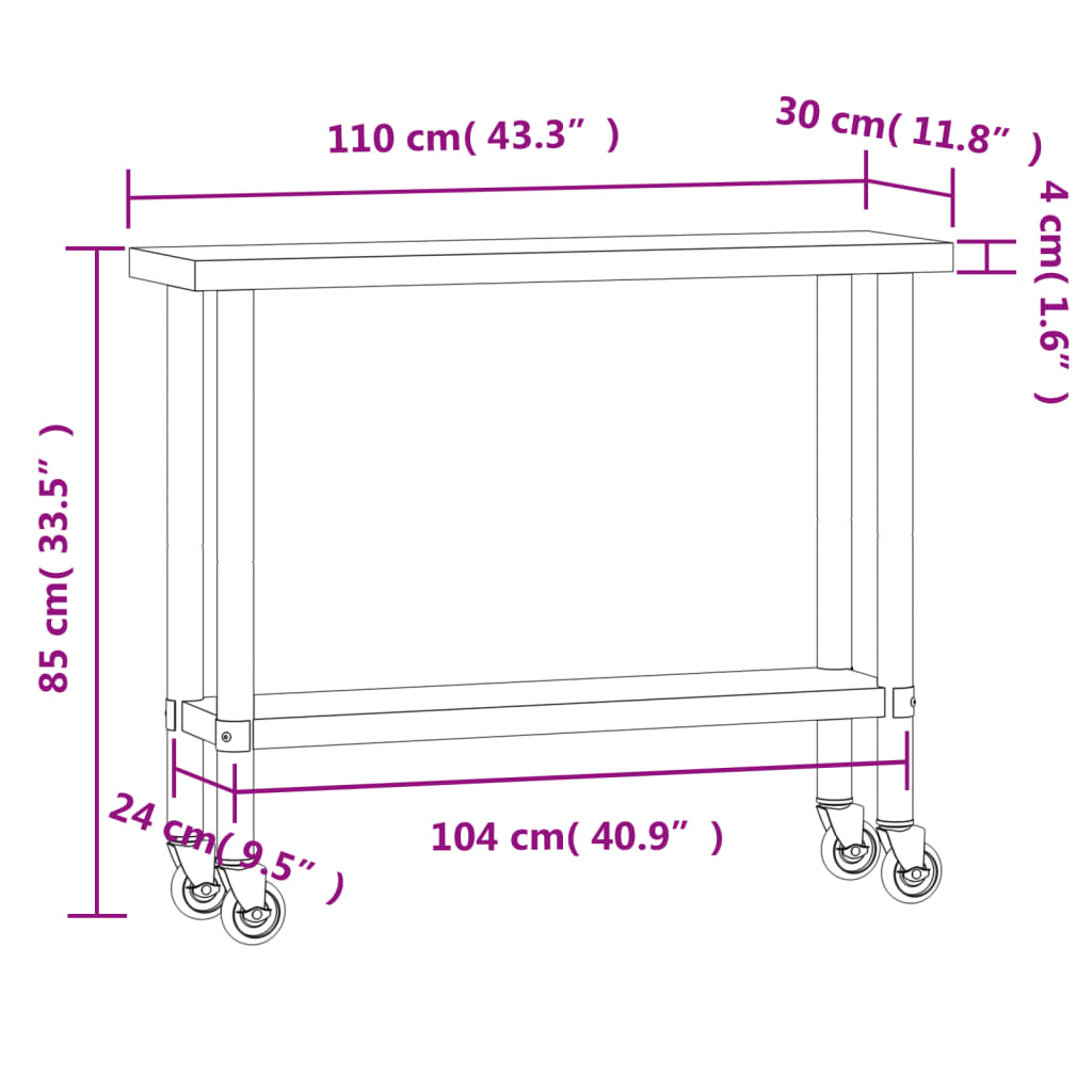 vidaXL Table de travail de cuisine avec roues 110x30x85 cm inox