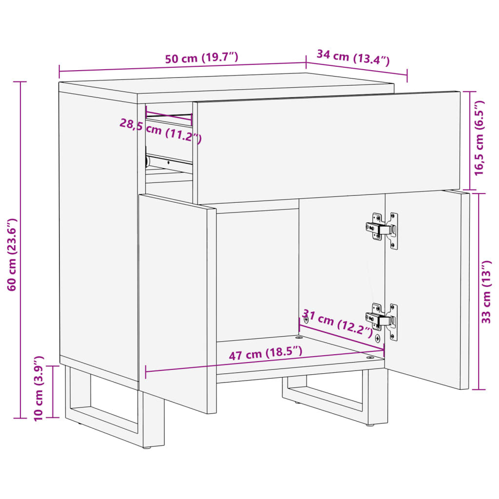 vidaXL Table de chevet 50x34x60 cm bois de manguier massif brut