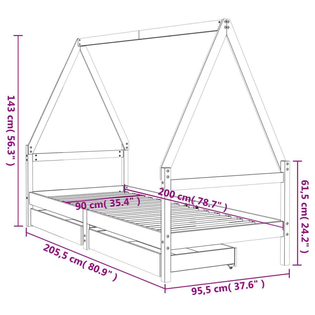 vidaXL Cadre de lit enfant tiroirs blanc 90x200 cm bois de pin massif