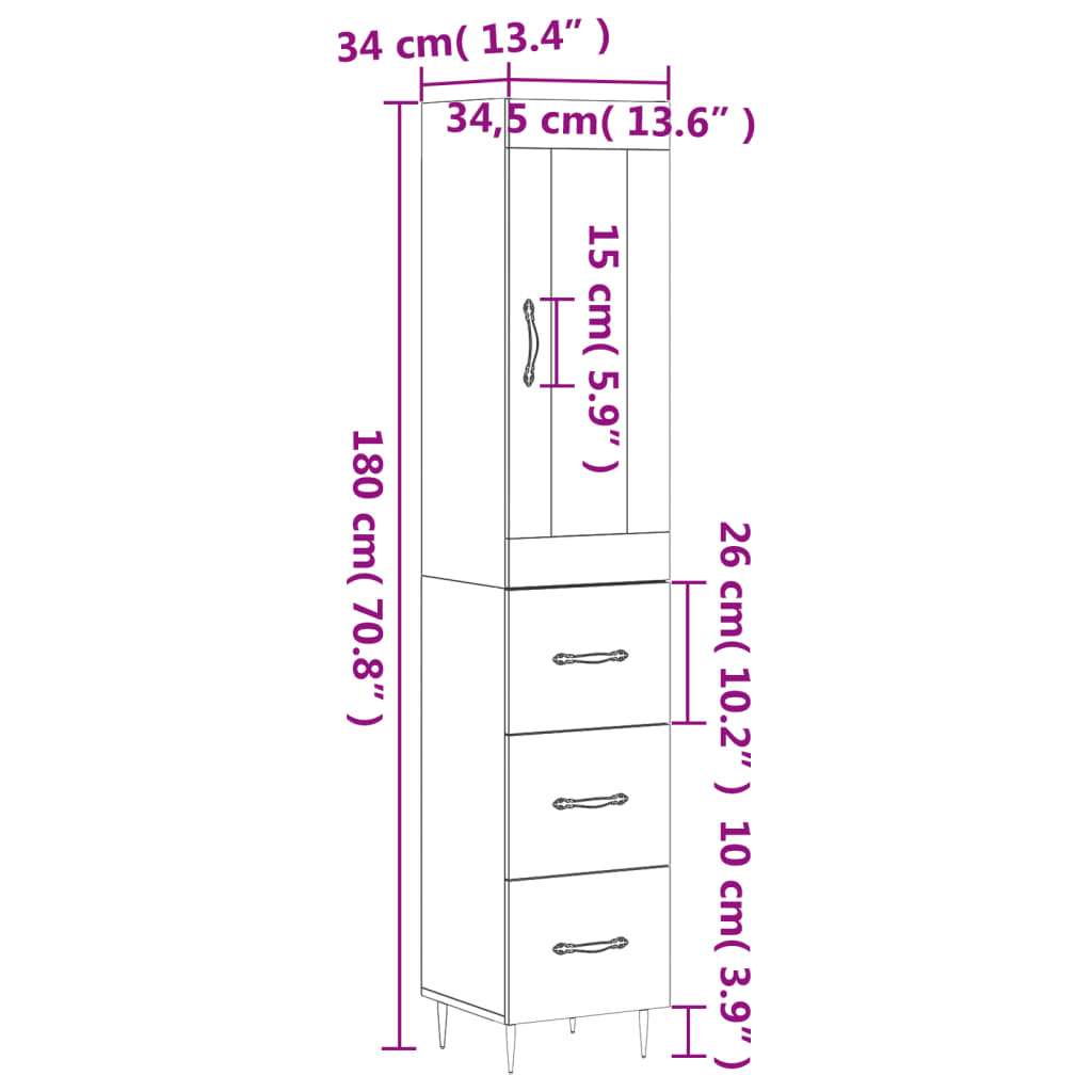 vidaXL Buffet haut Blanc 34,5x34x180 cm Bois d'ingénierie