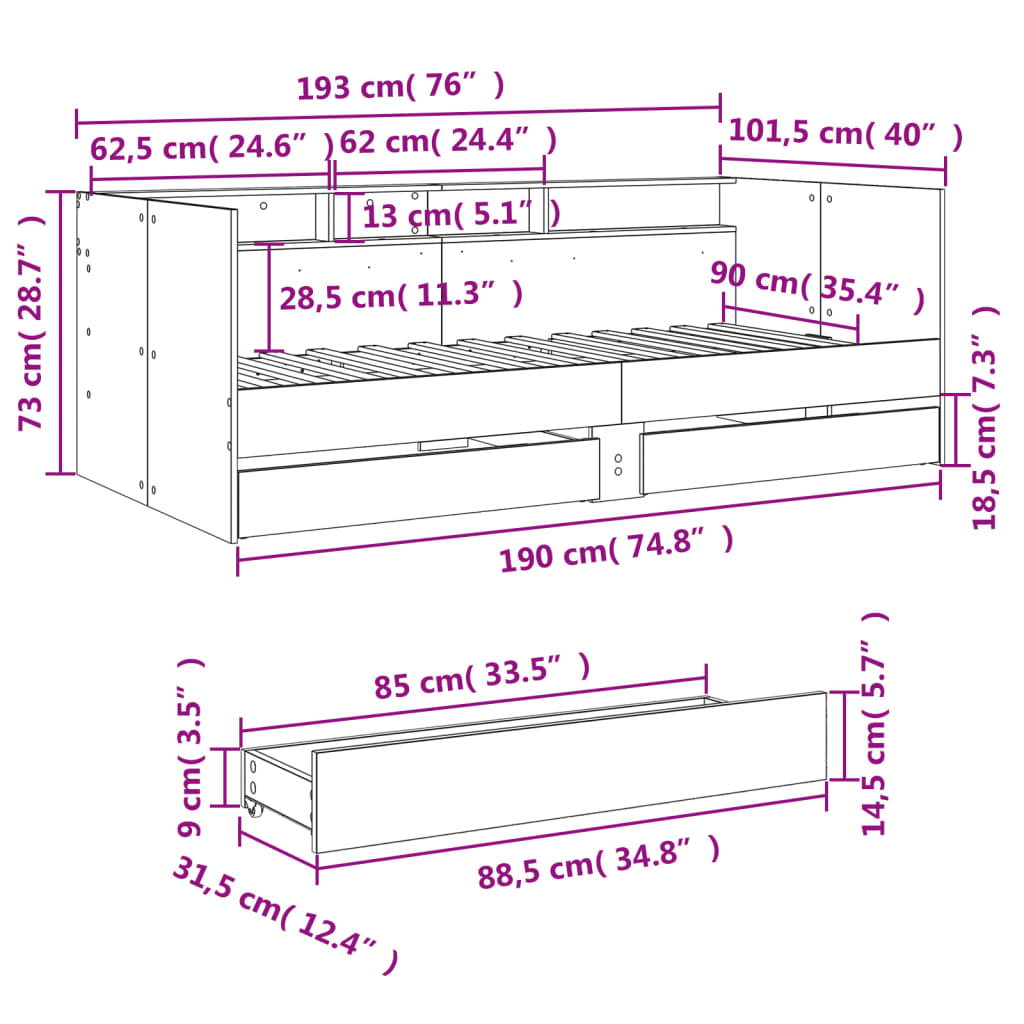 vidaXL Lit de jour avec tiroirs sans matelas chêne sonoma 90x190 cm