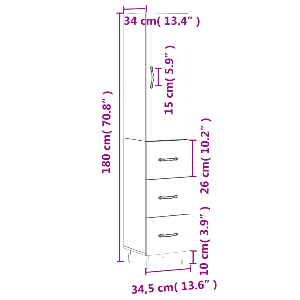 vidaXL Buffet haut Chêne fumé 34,5x34x180 cm Bois d'ingénierie