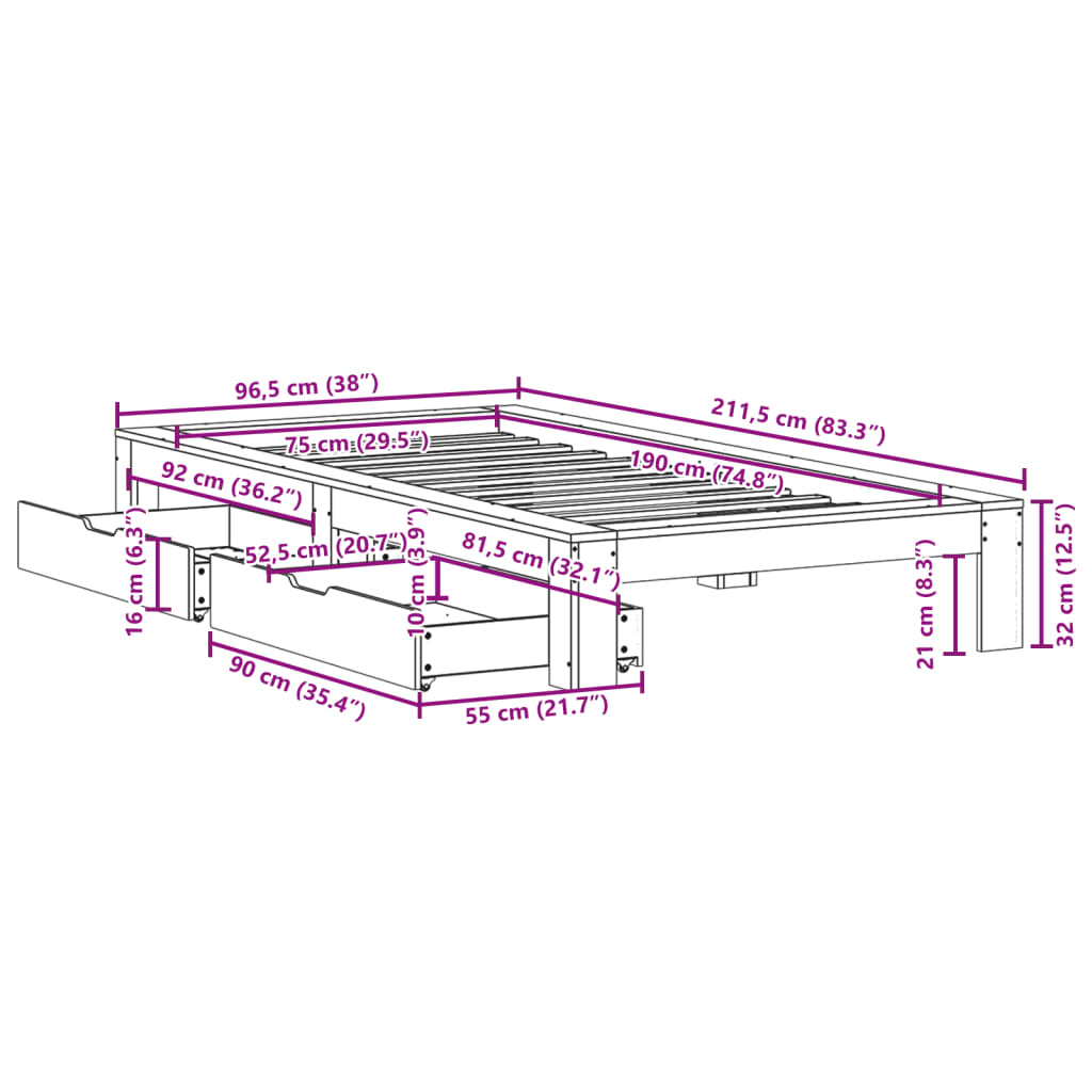 vidaXL Cadre de lit sans matelas cire marron 75x190 cm bois pin massif