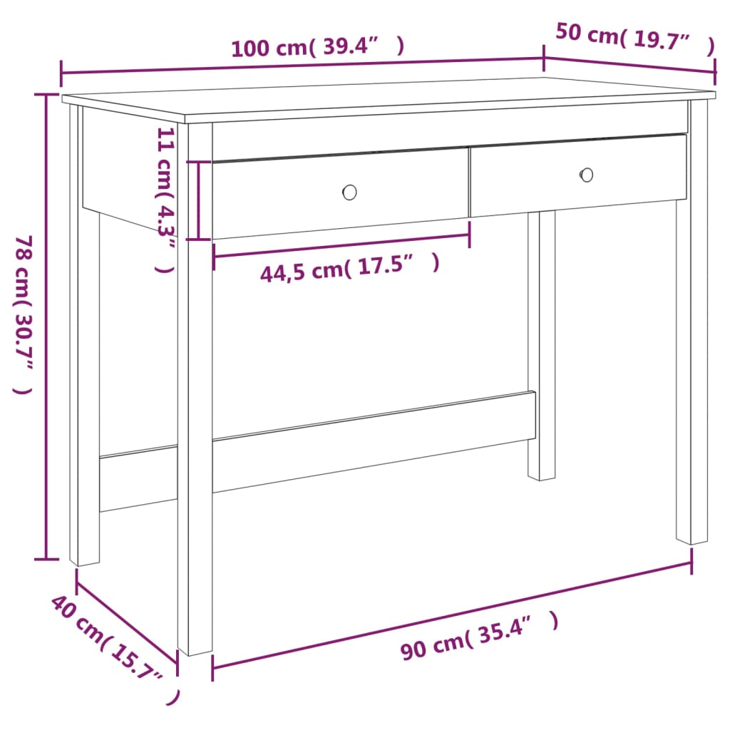 vidaXL Bureau avec tiroirs Gris 100x50x78 cm Bois massif de pin