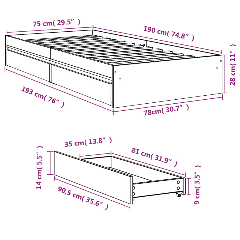 vidaXL Cadre de lit et tiroirs sonoma gris 75x190cm bois d'ingénierie