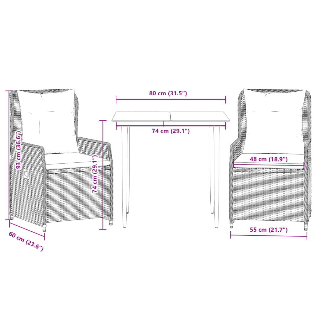 vidaXL Ensemble à manger de jardin et coussins 3 pcs Beige poly rotin