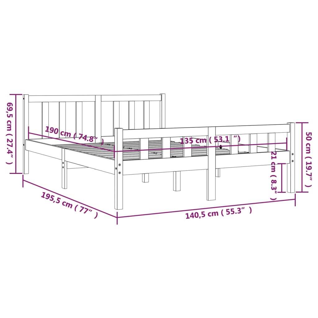 vidaXL Cadre de lit Blanc Bois massif 135x190 cm Double